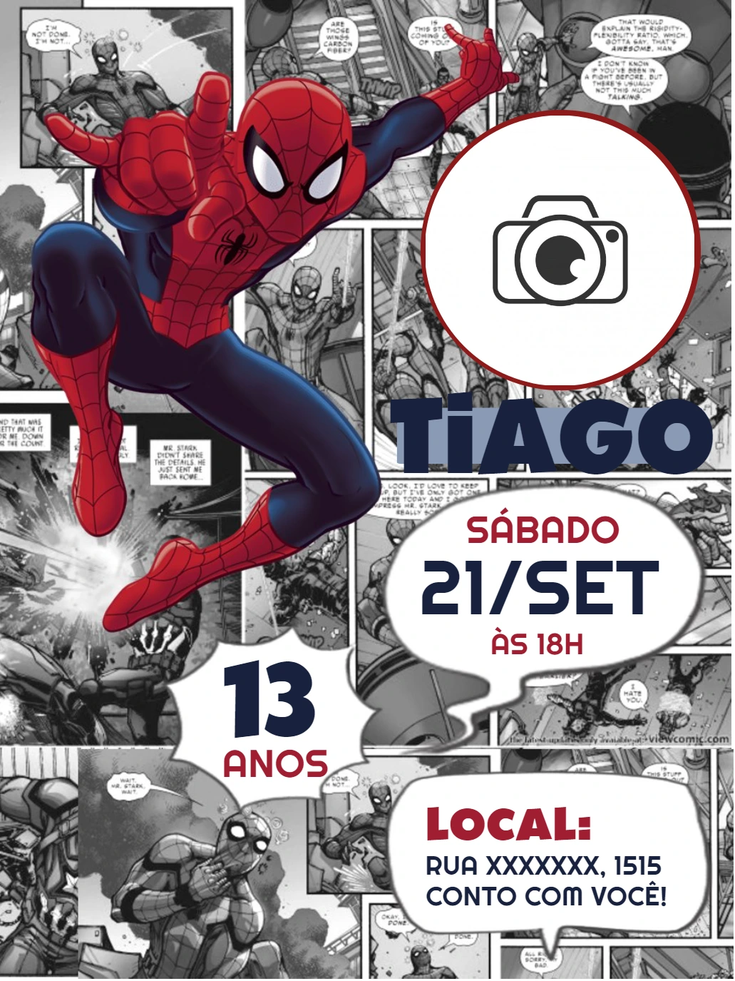 Convite Aniversário Homem Aranha Quadrinhos com Foto para Editar
