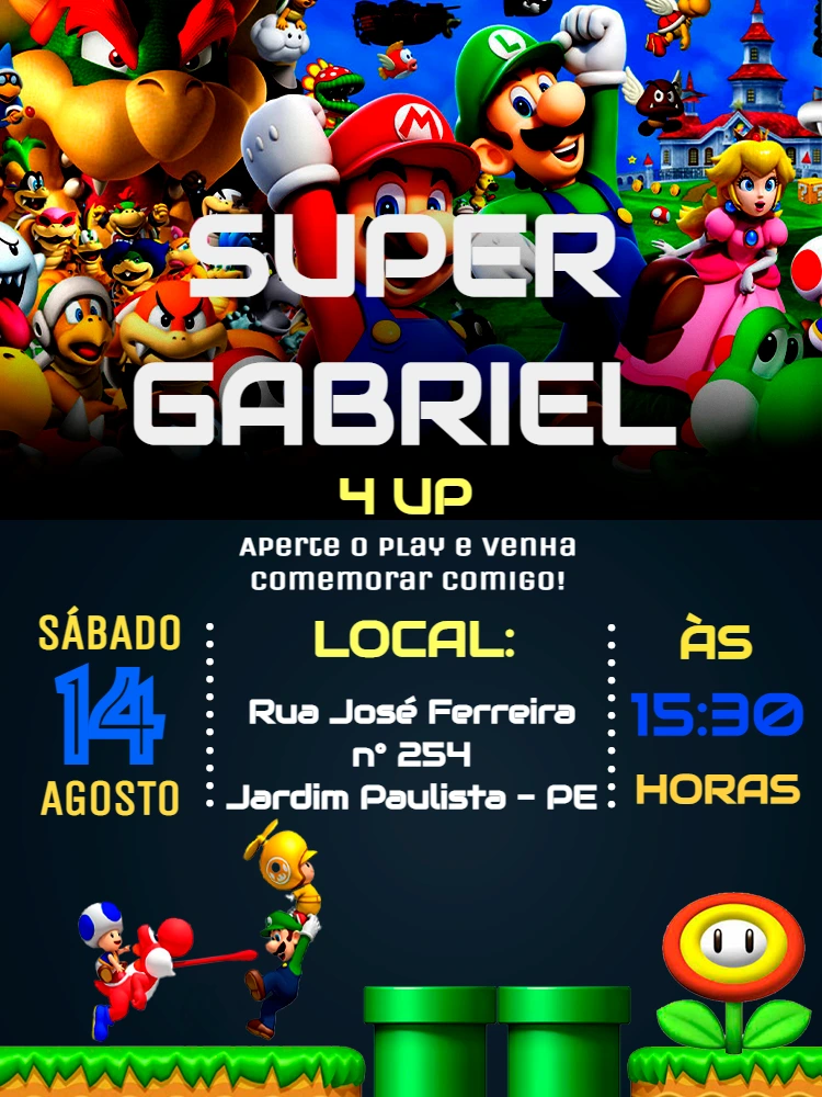 Convite de Aniversário Super Mario Bros Editável Online