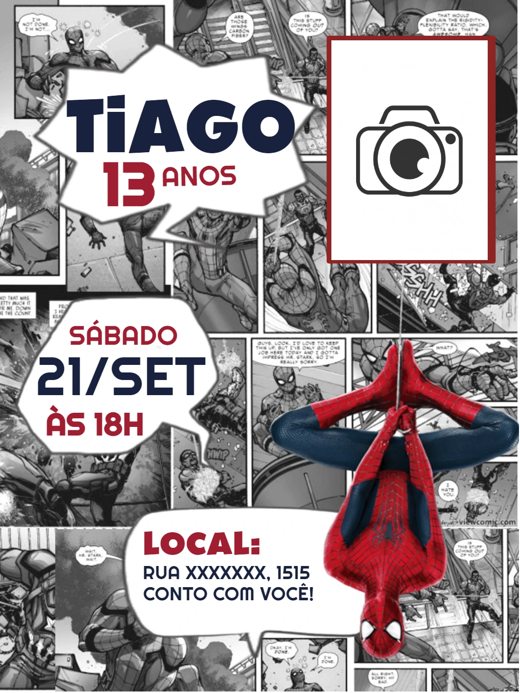 Convite Aniversário Homem-Aranha Quadrinhos com Foto para Editar