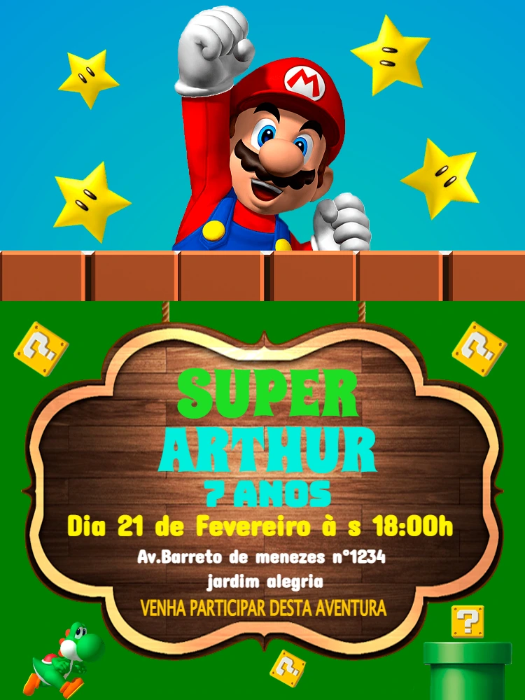 Convite de Aniversário Super Mario Editável Online