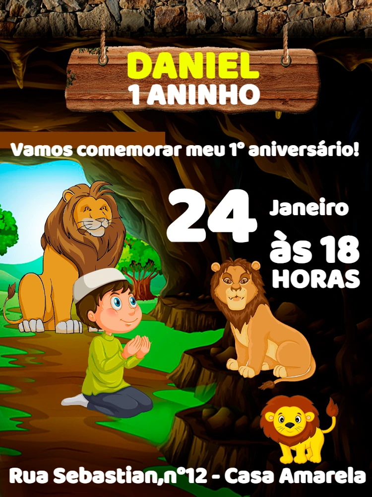 Convite de Aniversário Daniel na Cova dos Leões para Editar