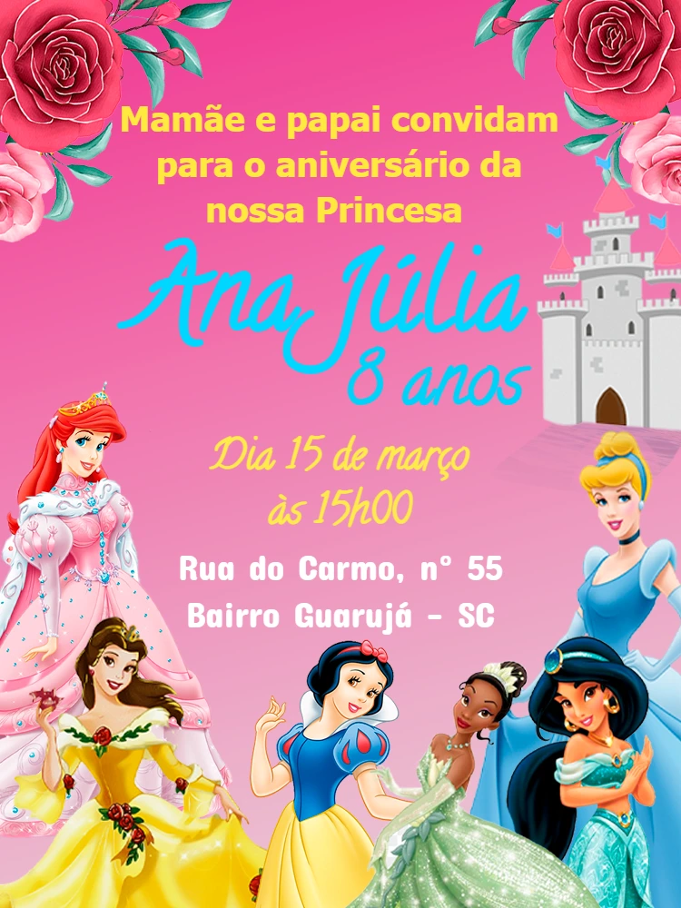 Convite de Aniversário Princesas Disney Editável Online