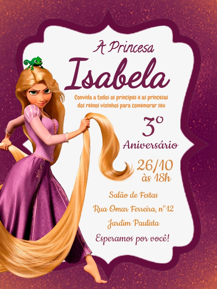 Convite de Aniversário Rapunzel para Editar Online