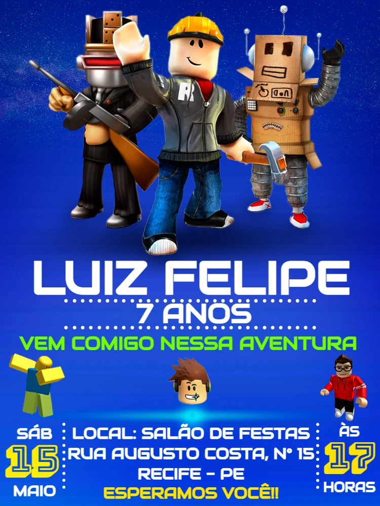 Convite de Aniversário Roblox com Personagens para Editar