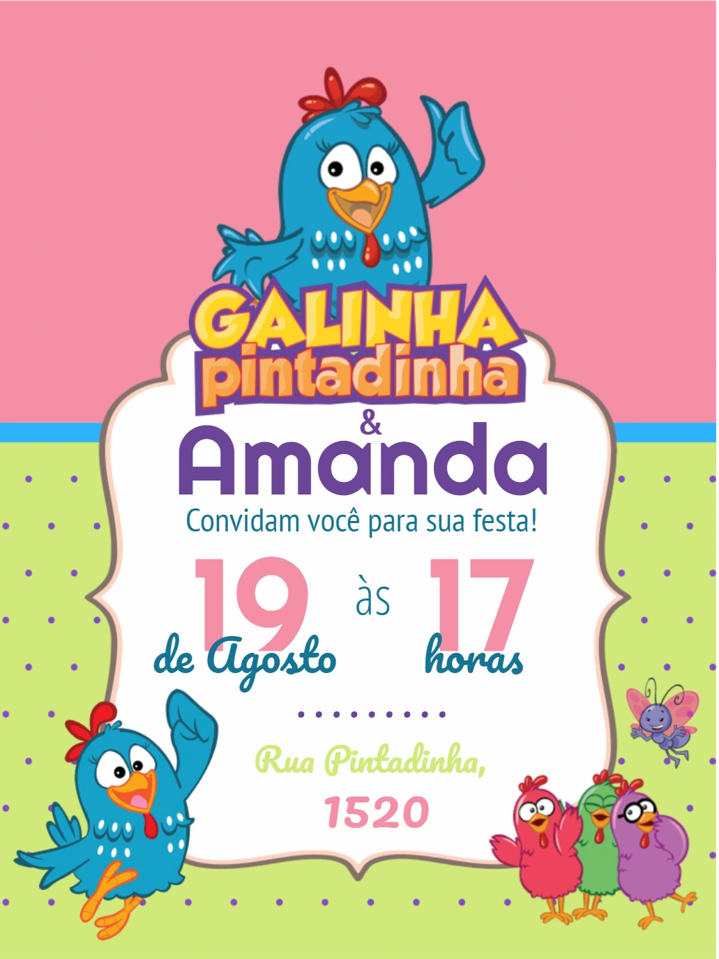 Convite de Aniversário Galinha Pintadinha para Editar Online
