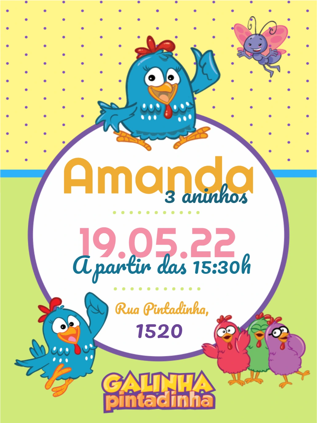 Convite de Aniversário Galinha Pintadinha para Editar Online