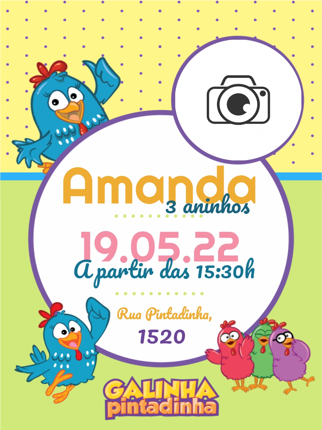 Convite de Aniversário Galinha Pintadinha com Foto para Editar