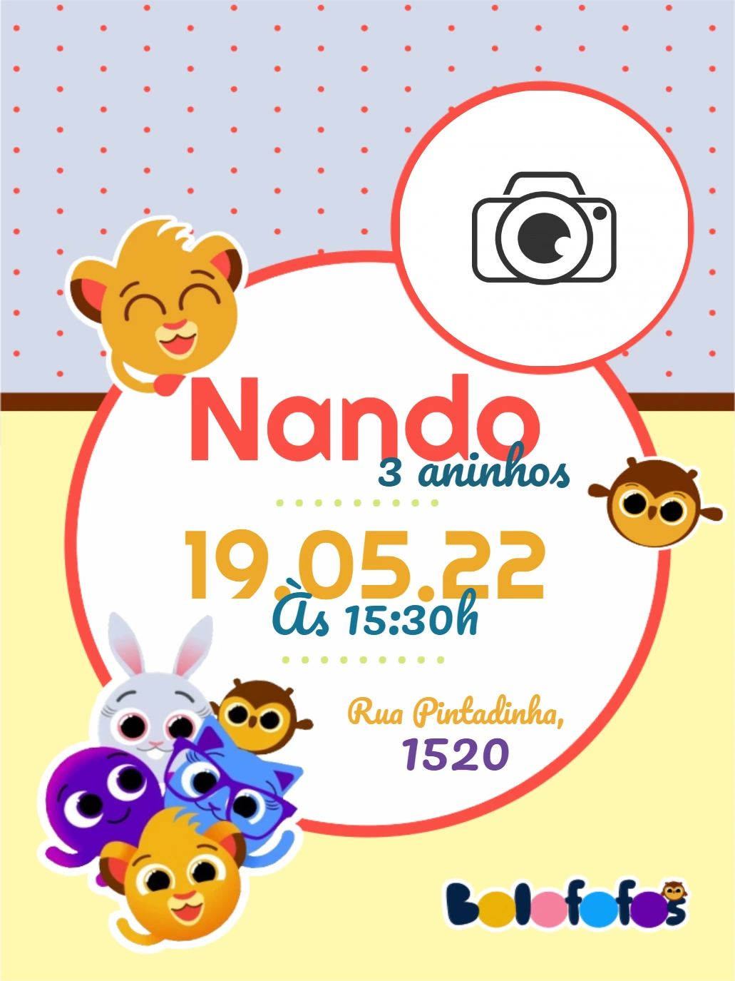 Convite de Aniversário Bolofofos com Foto para Editar Online