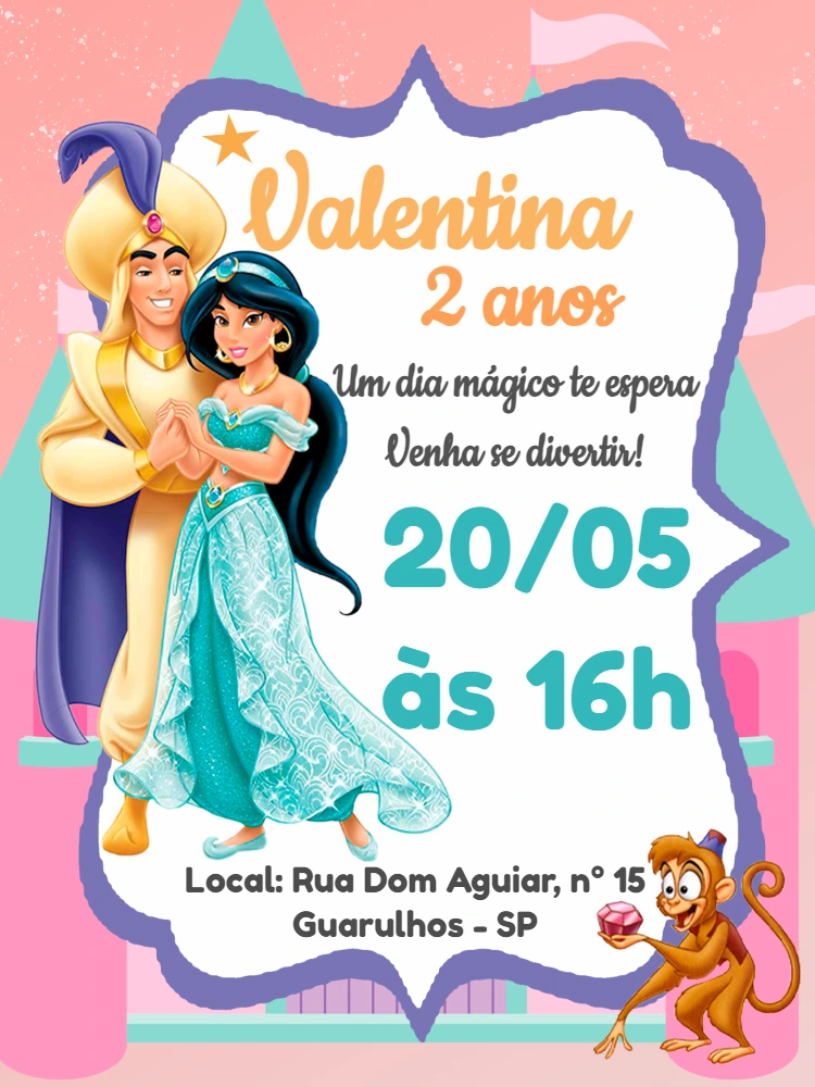Convite de Aniversário Aladdin e Jasmine para Editar Online
