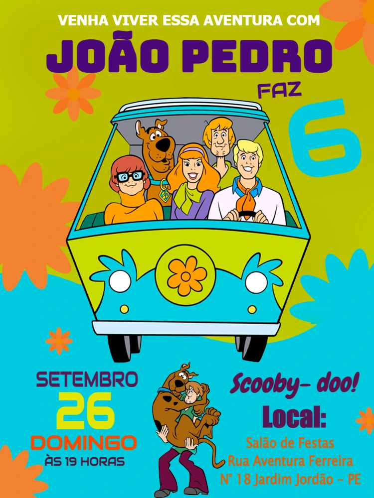 Convite de Aniversário Scooby-Doo com a Turma para Editar