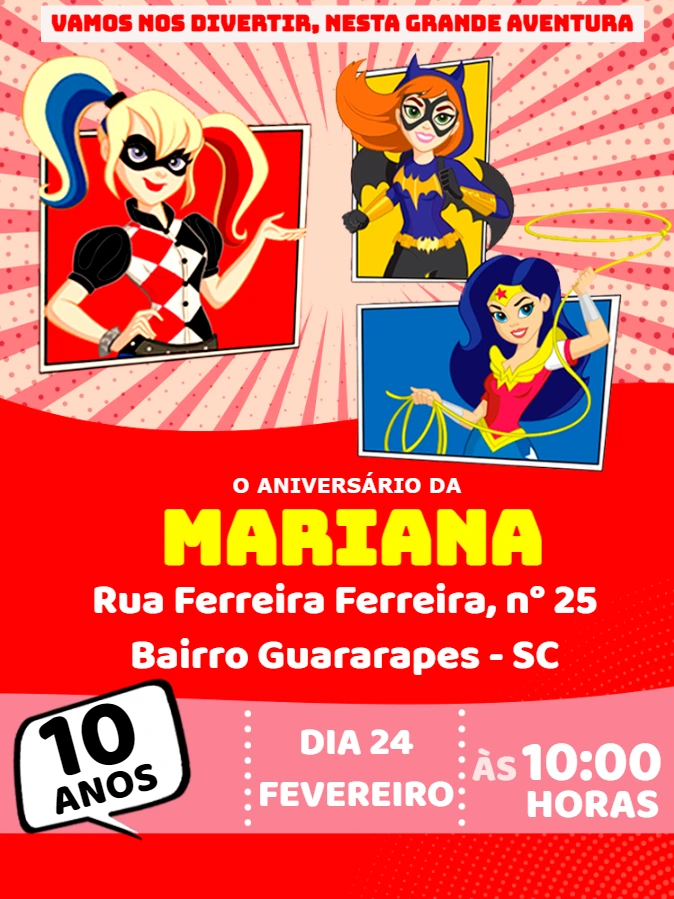 Convite de Aniversário Super Heroínas para Editar Online