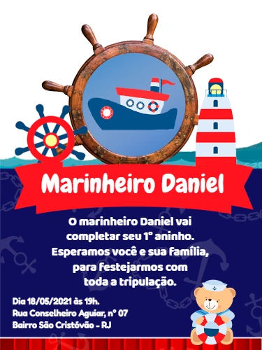Convite Aniversário Ursinho Marinheiro para Editar Online