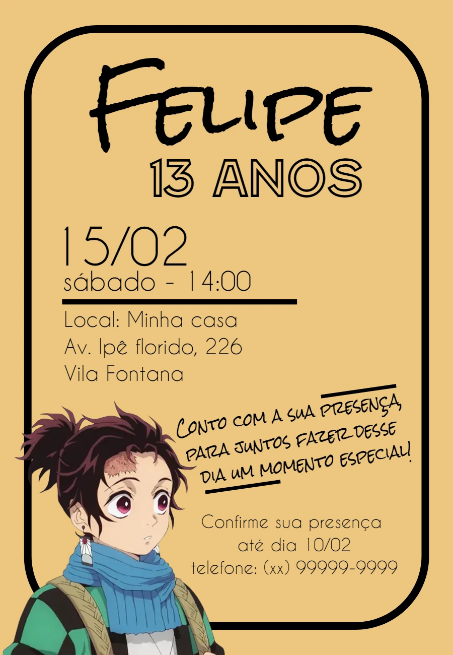 Convite de Aniversário Demon Slayer com Tanjiro para Editar