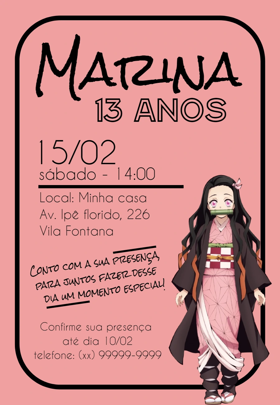 Convite de Aniversário Demon Slayer com Nezuko para Editar Online