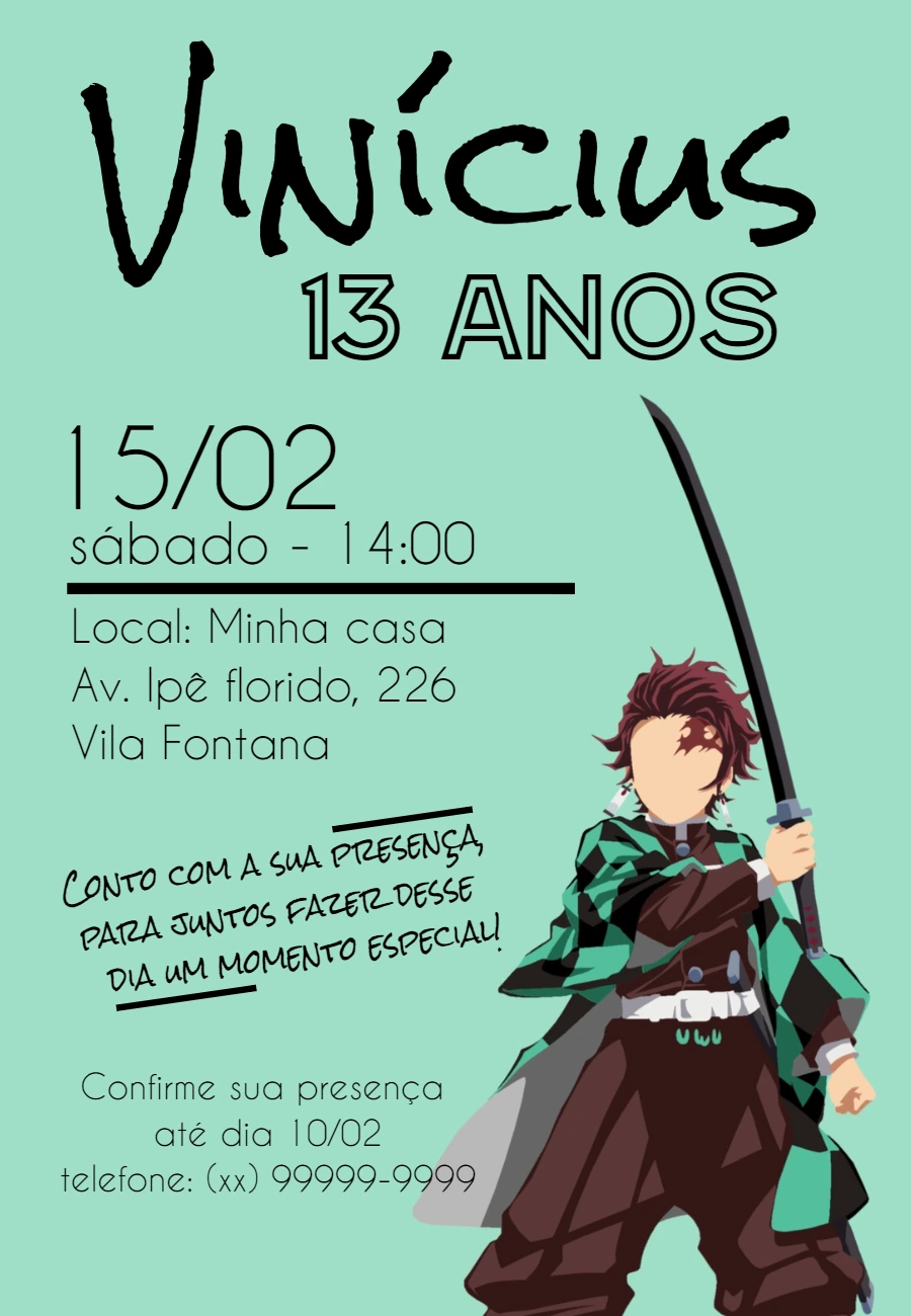 Convite Aniversário Demon Slayer com Tanjiro para Editar