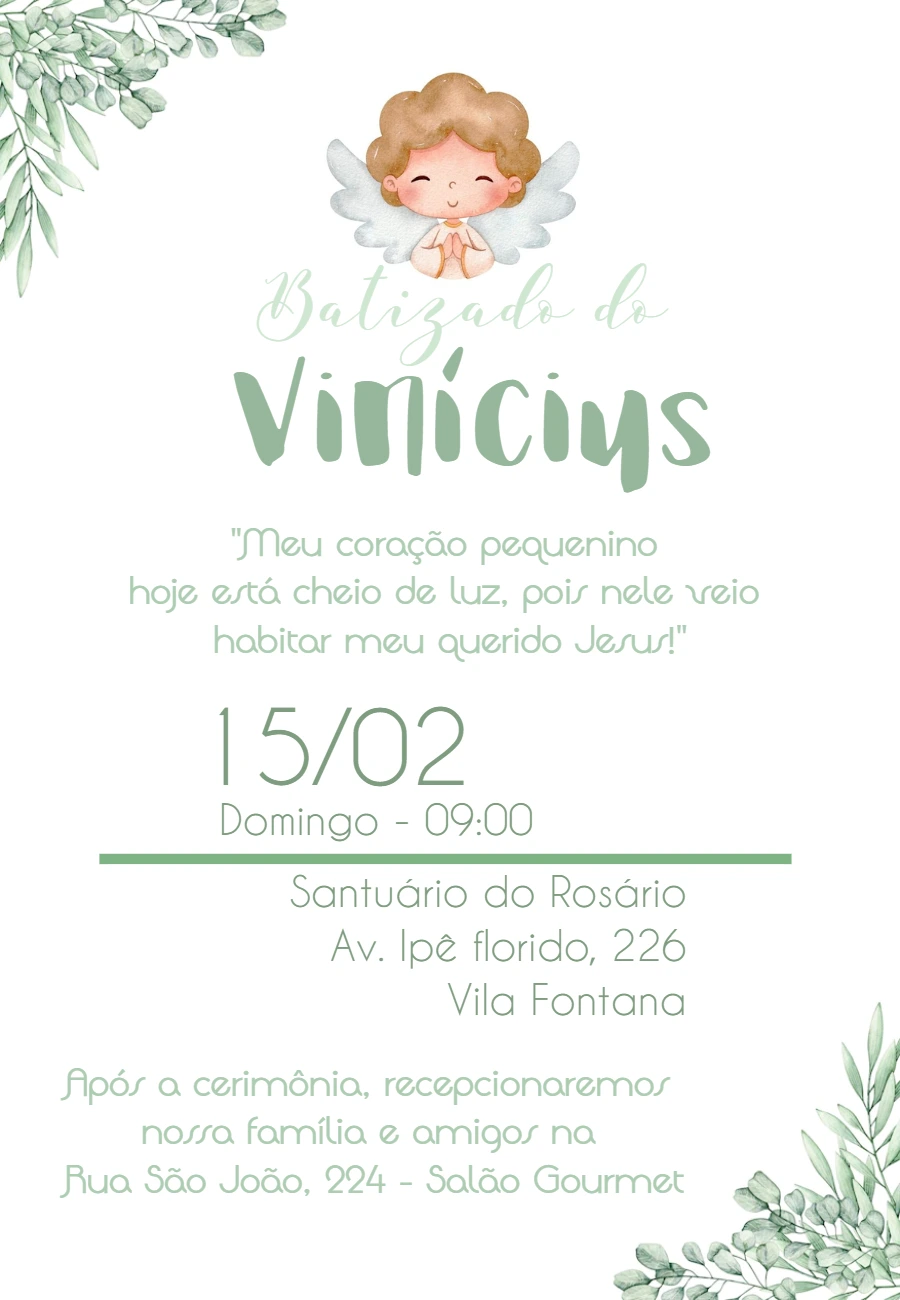 Convite de Batizado Anjinho com Folhagens para Editar Online