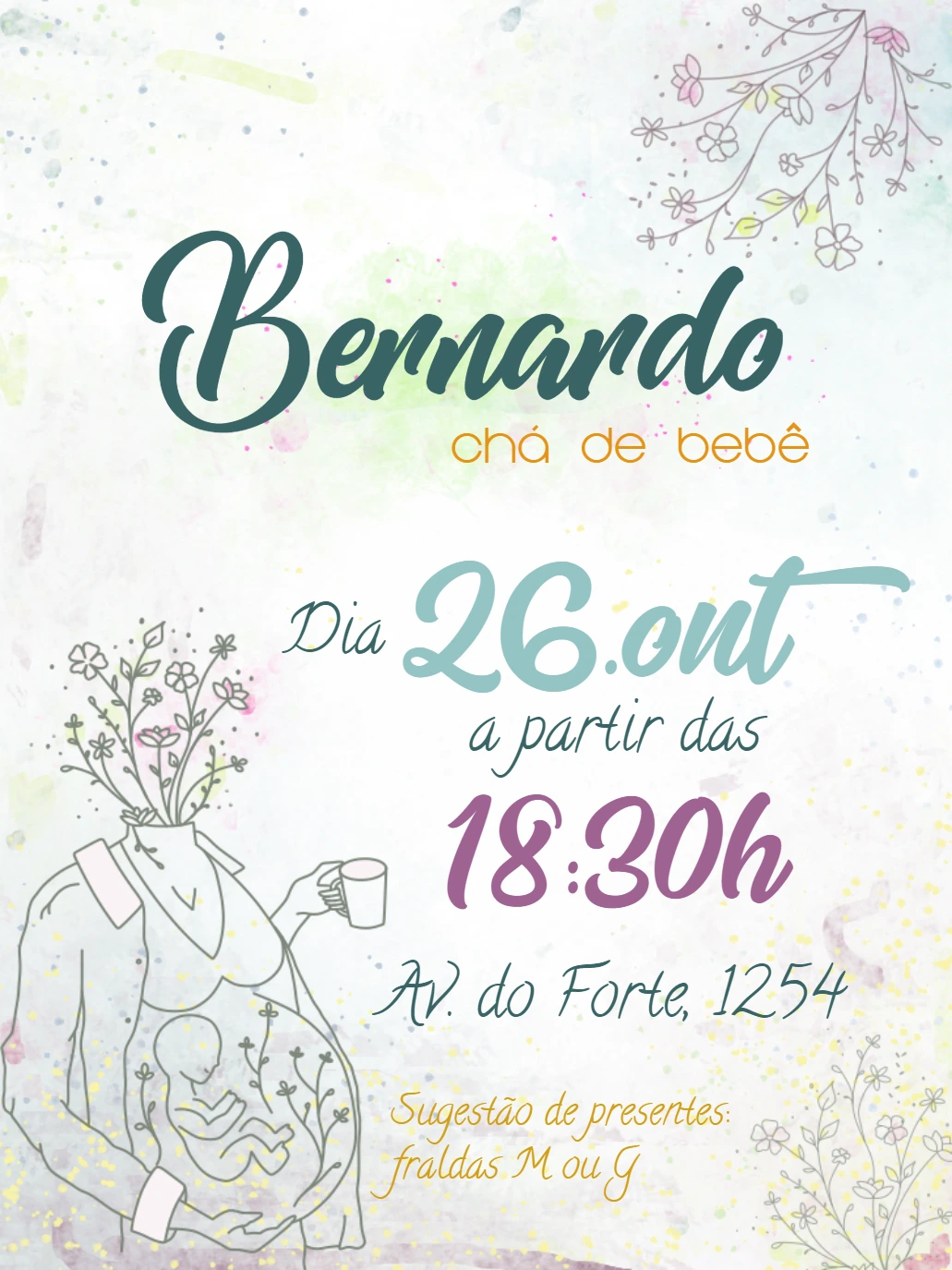 Convite Chá de Bebê Aquarela Delicado para Editar Online