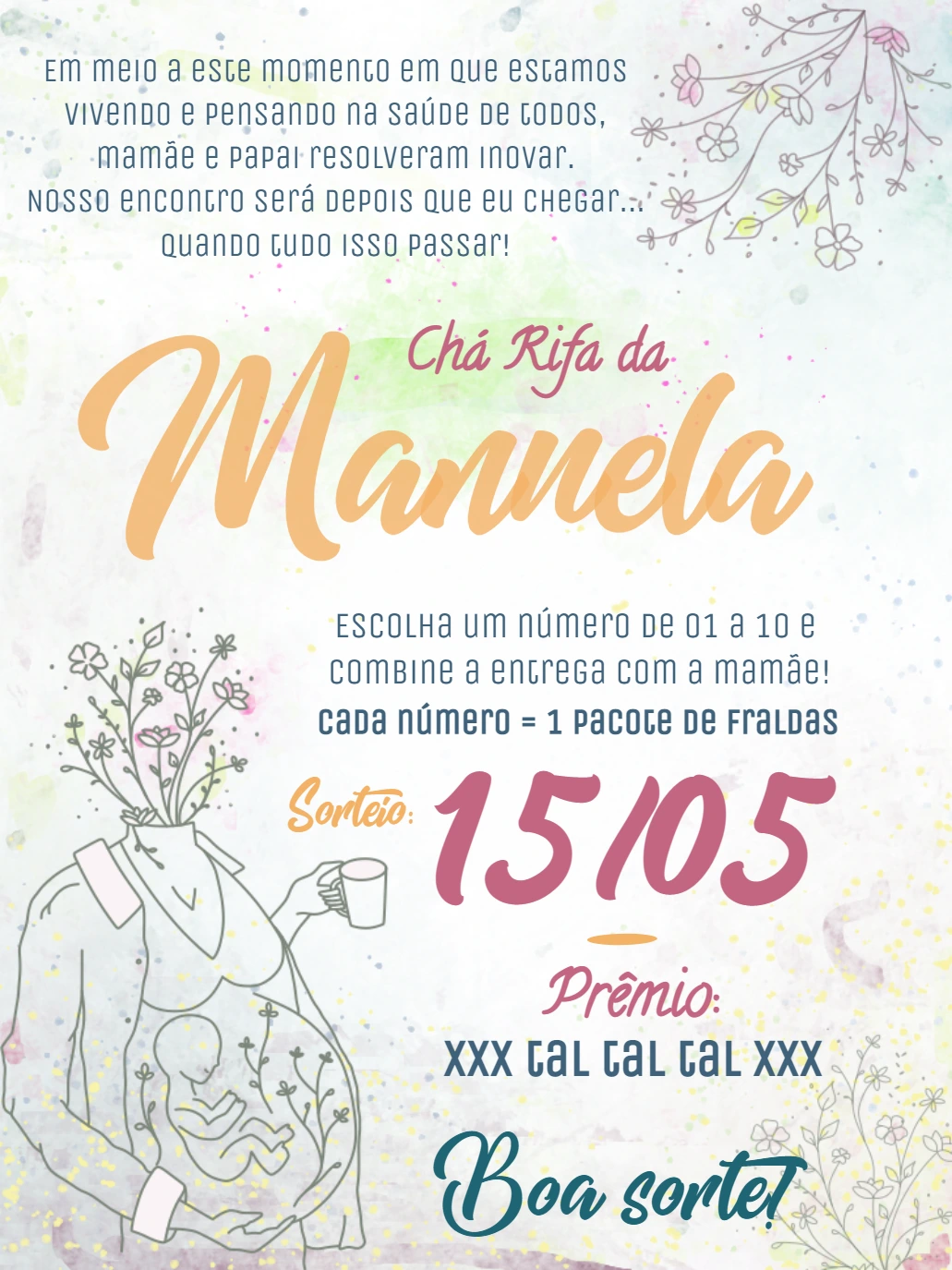 Convite Chá Rifa Gestante Aquarela para Editar Online