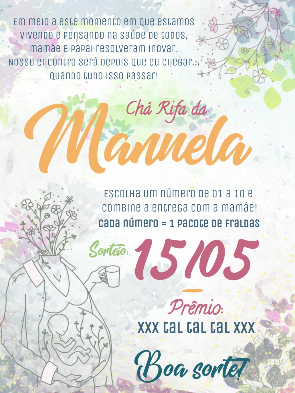 Convite Chá Rifa Gestante Aquarela para Editar Online