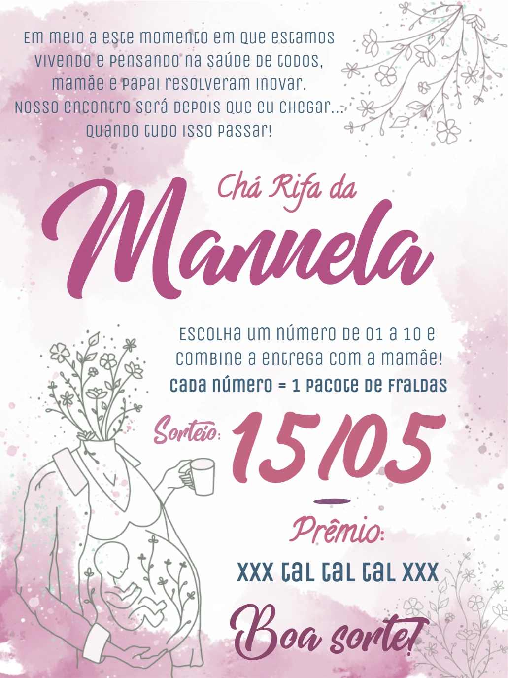 Convite Chá Rifa Gestante Aquarela para Editar Online