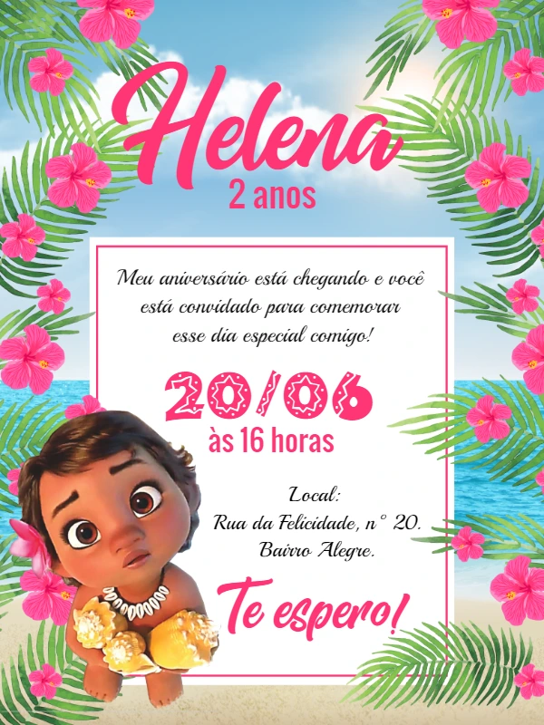 Convite de Aniversário Moana Baby para Editar Online