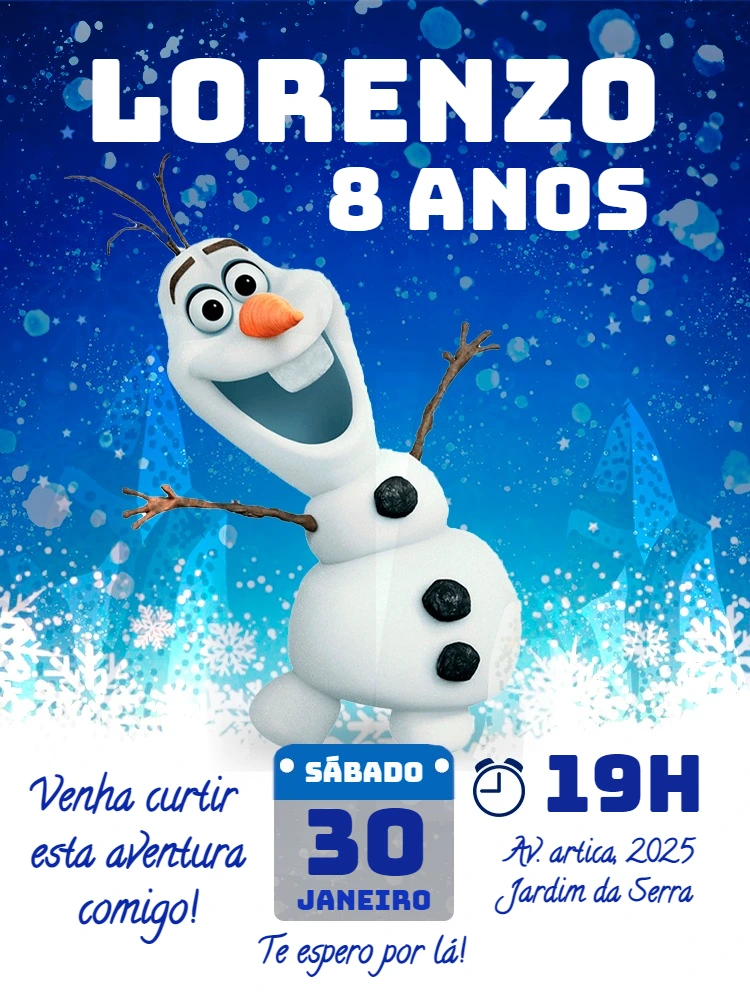 Convite de Aniversário Olaf Frozen para Editar Online