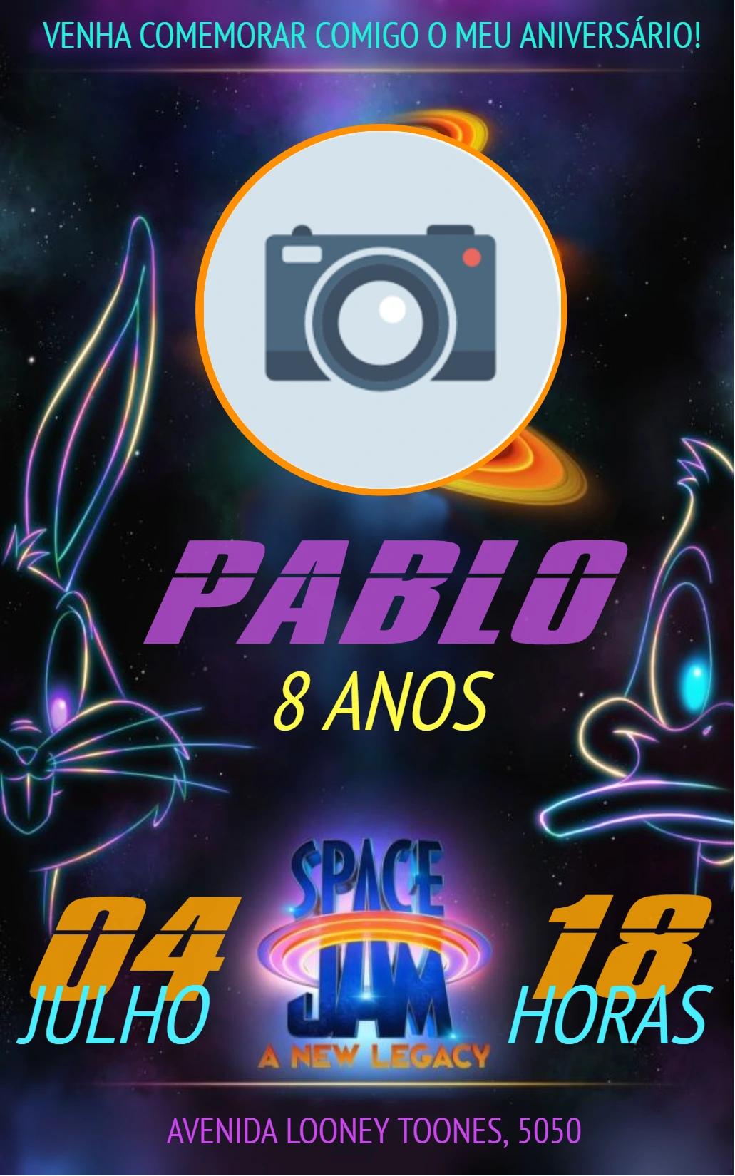 Convite Aniversário Space Jam com Foto para Editar Online