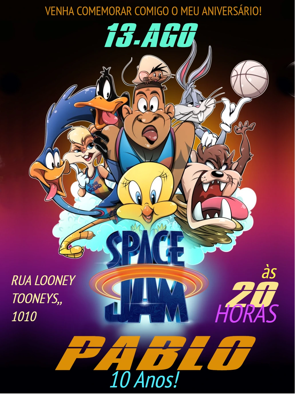 Convite Aniversário Space Jam com Personagens para Editar