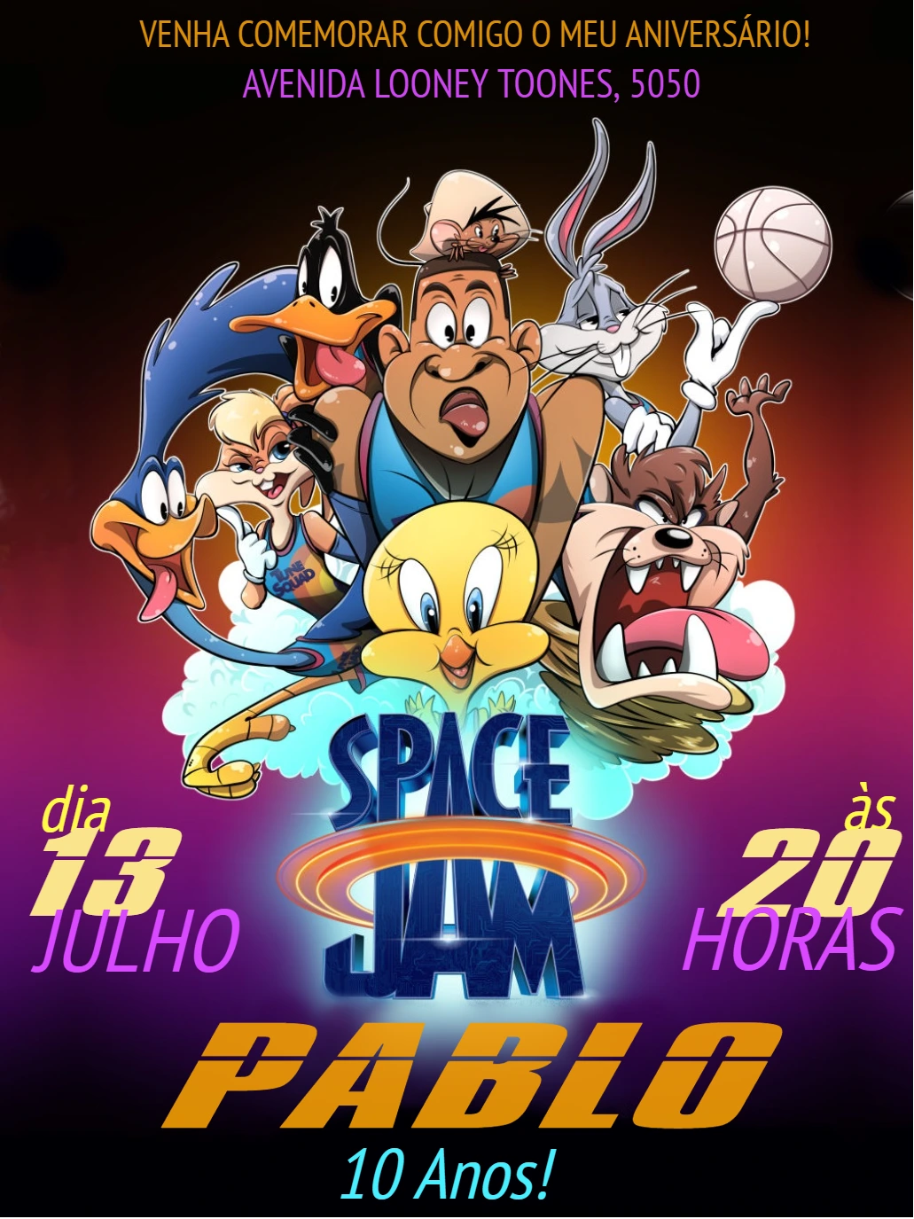 Convite Aniversário Space Jam com Personagens para Editar Online