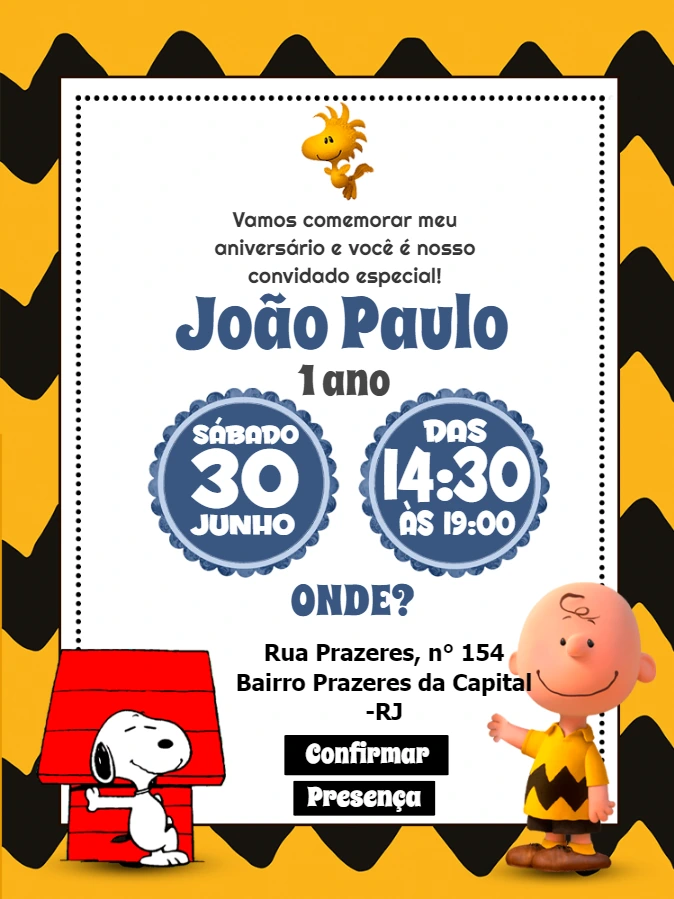 Convite de Aniversário Snoopy e Sua Turma para Editar Online