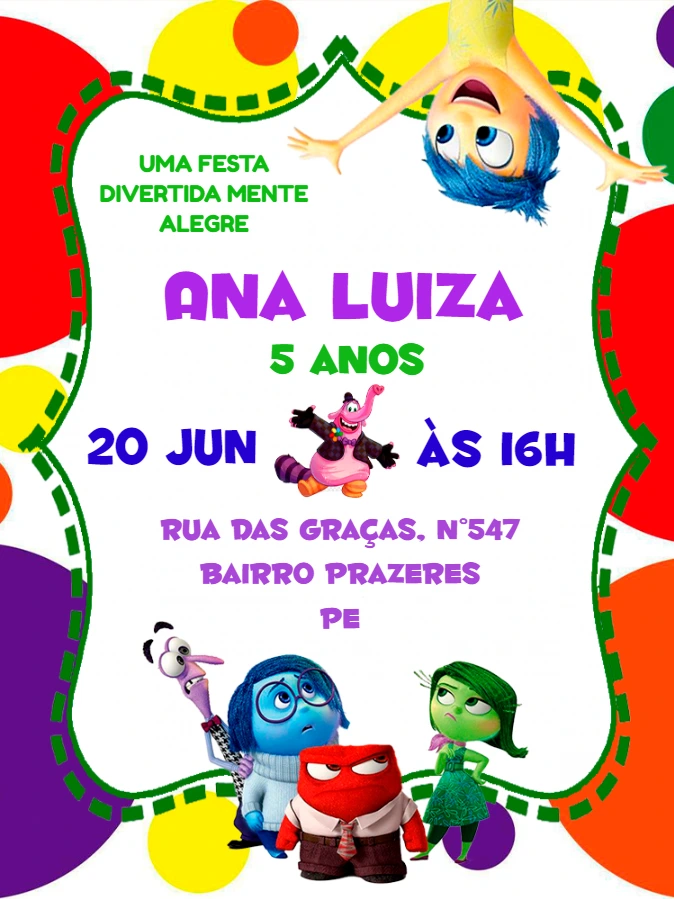 Convite Divertida Mente Editável Online para Festa de Aniversário