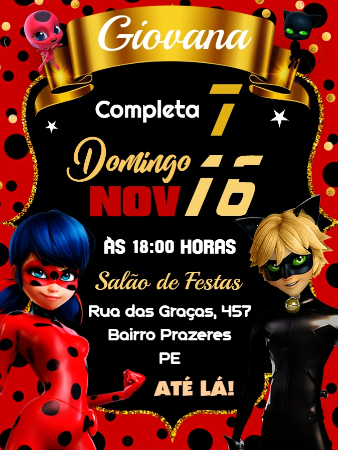Convite de Aniversário Ladybug e Cat Noir para Editar Online