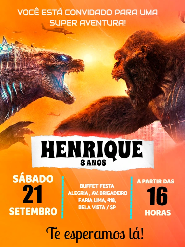 Convite de Aniversário Godzilla e King Kong para Editar Online