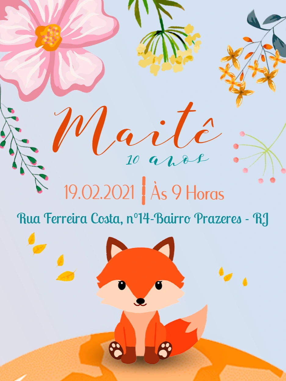 Convite de Aniversário Raposa Floral para Editar Online