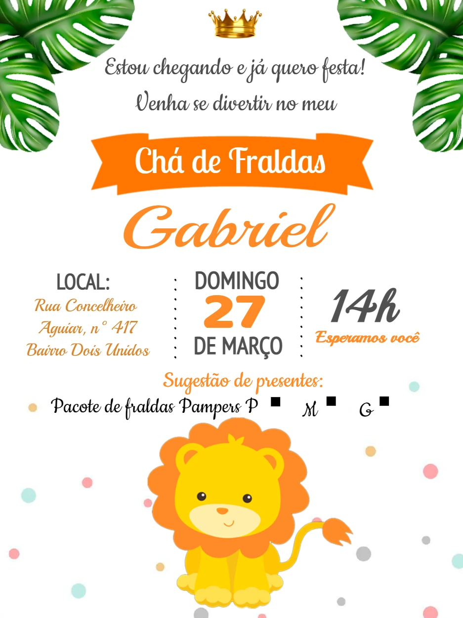 Convite Chá de Fraldas Leãozinho para Editar Online