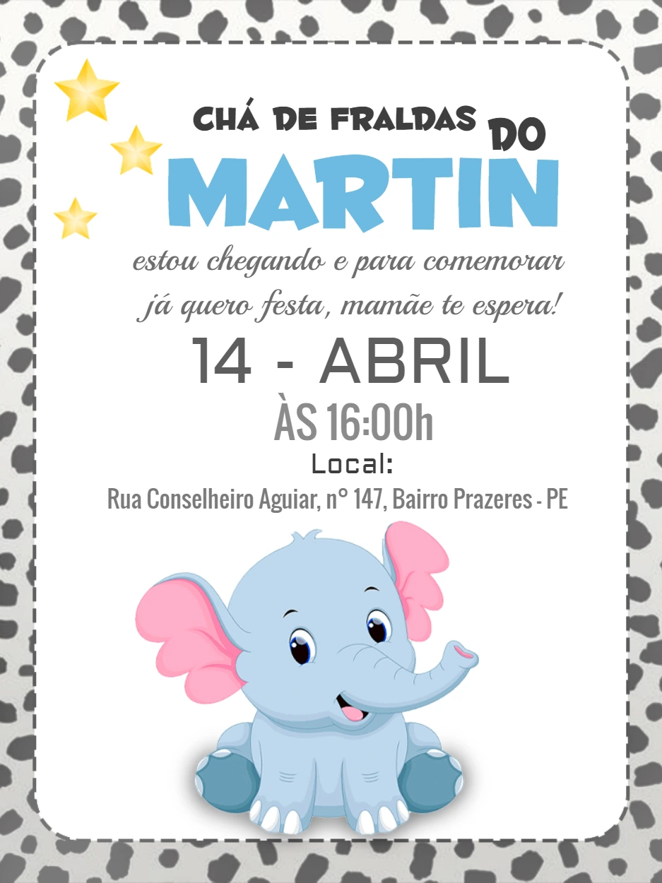 Convite Chá de Fraldas Elefantinho Azul para Editar Online