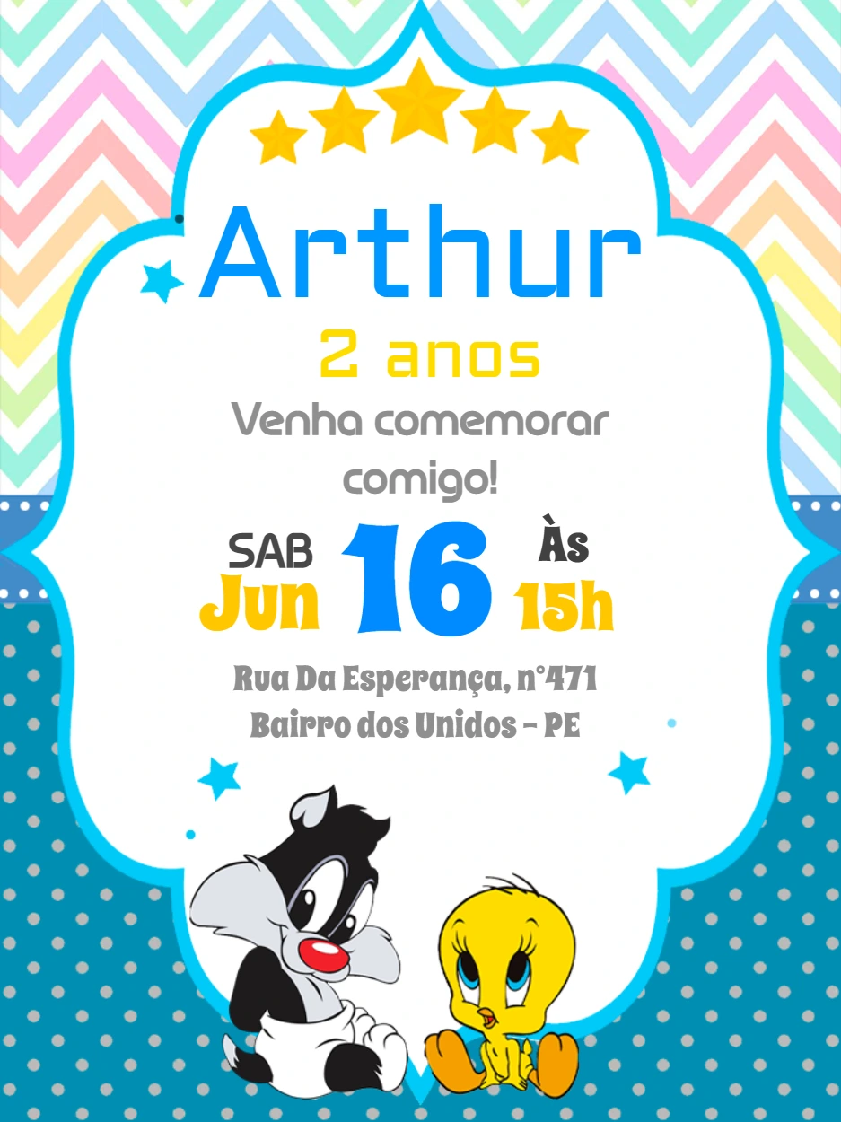 Convite Aniversário Frajola e Piu-Piu Baby para Editar Online