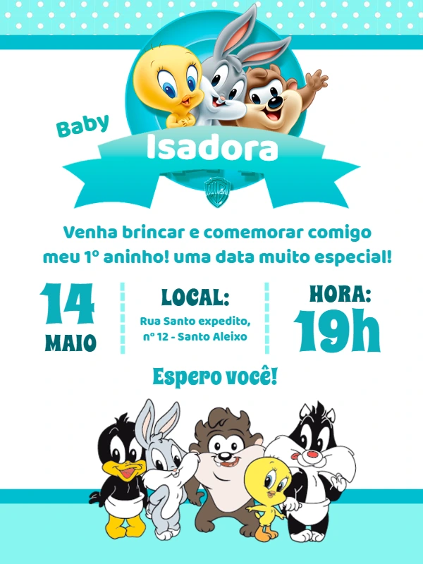 Convite Aniversário Looney Tunes Baby para Editar Online