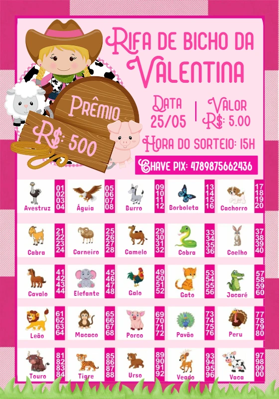 Rifa de Bicho Fazendinha Menina para Editar e Imprimir