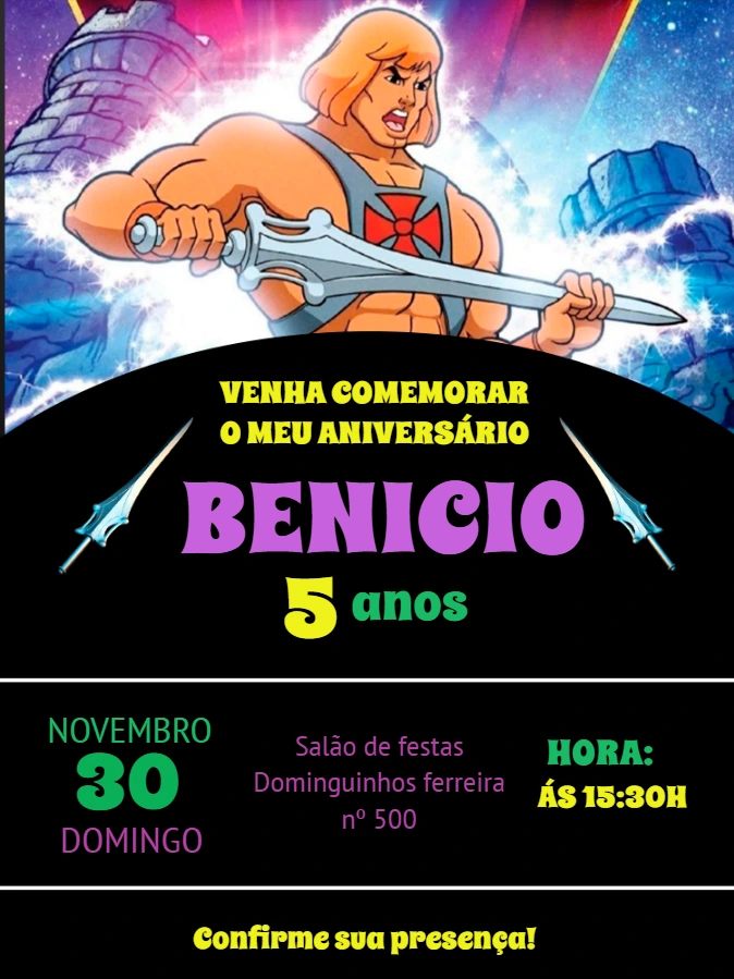 Convite de Aniversário He-Man para Editar e Imprimir
