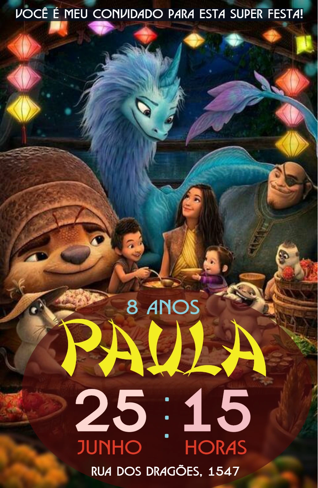 Convite de Aniversário Raya e o Último Dragão para Editar