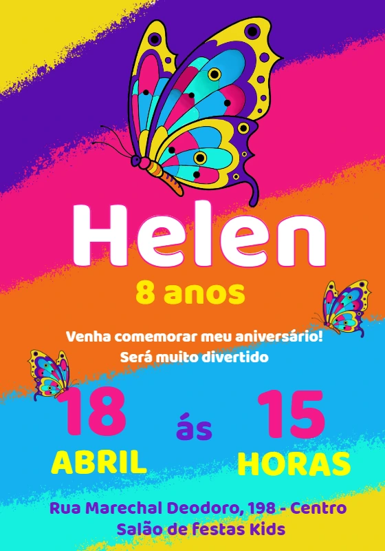 Convite Aniversário Borboleta Colorida para Editar Online