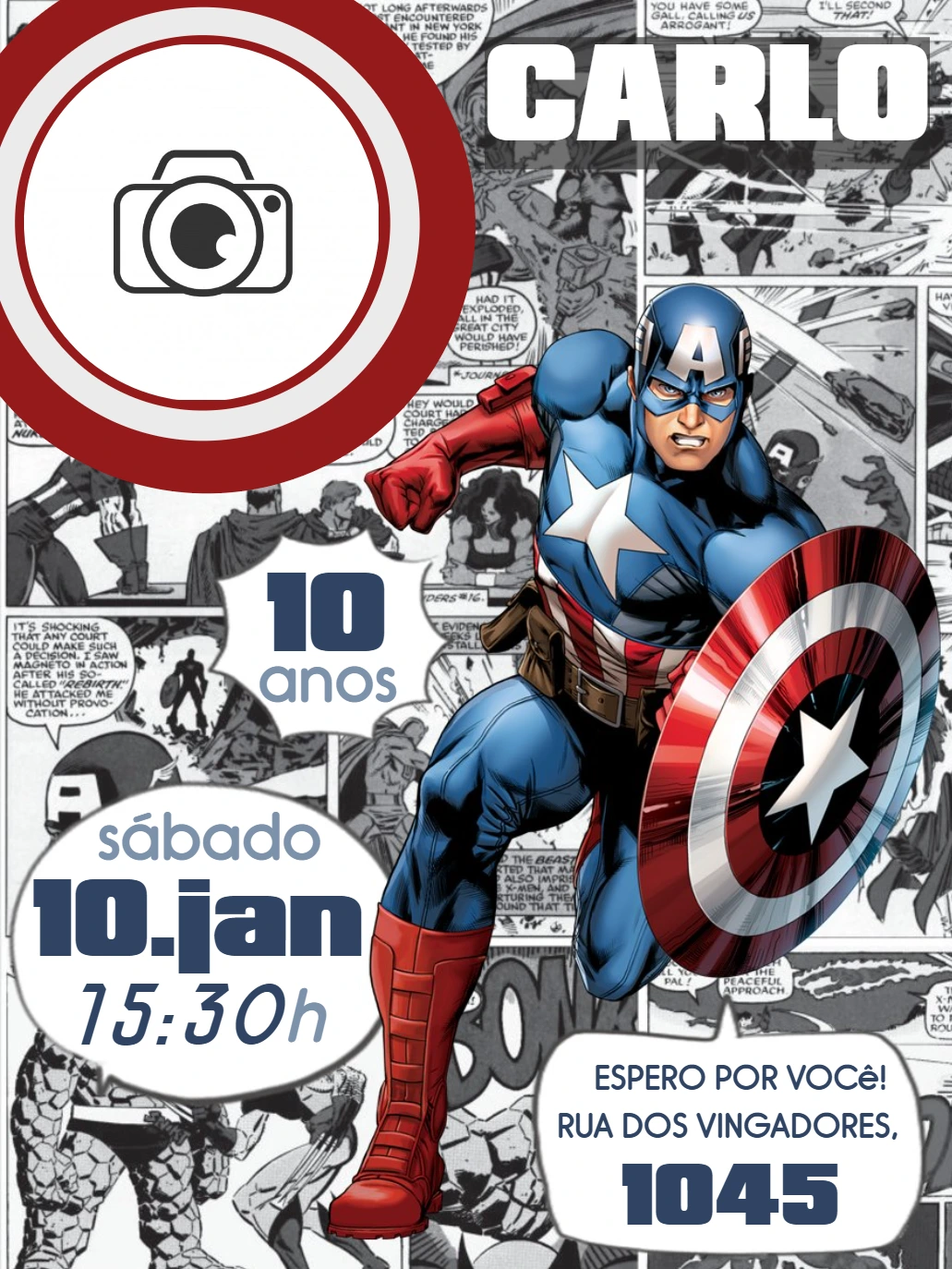 Convite Aniversário Capitão América Quadrinhos com Foto para Editar