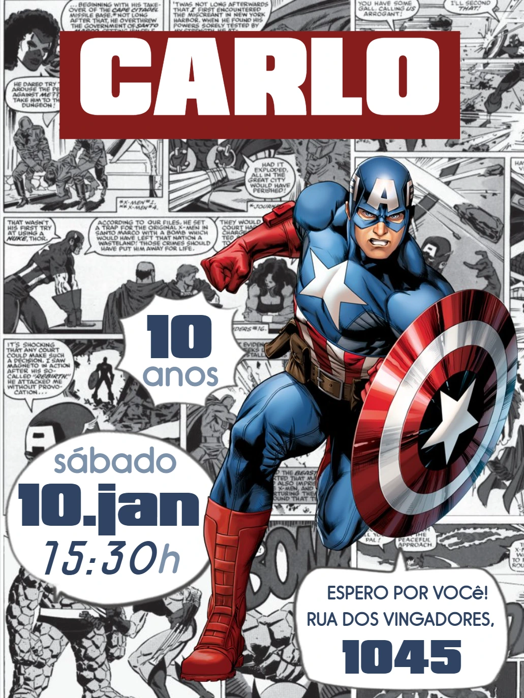 Convite de Aniversário Capitão América Quadrinhos para Editar
