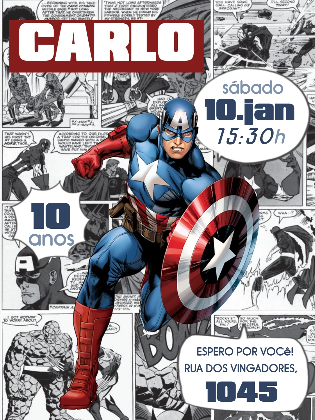 Convite Aniversário Capitão América Quadrinhos para Editar