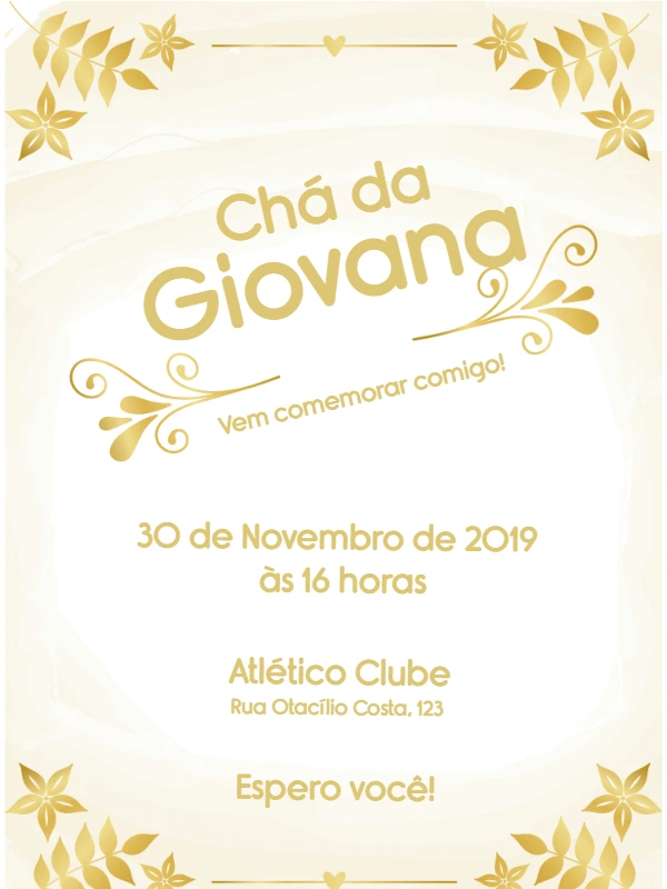 Convite Chá de Panela Dourado e Elegante para Editar Online