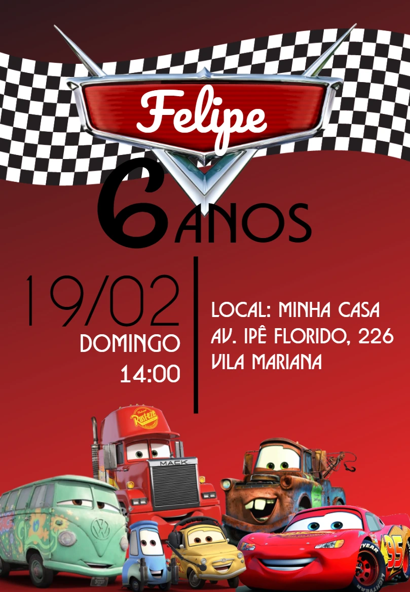 Convite de Aniversário Carros Disney para Editar Online