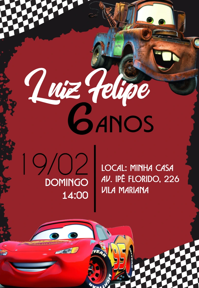 Convite de Aniversário Carros Relâmpago McQueen para Editar