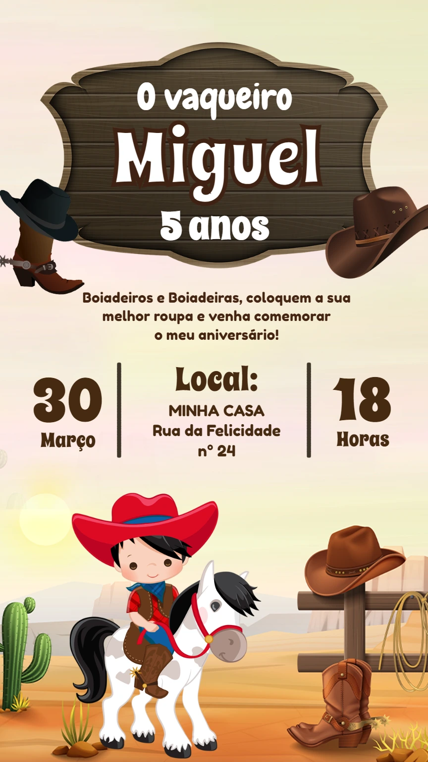 Convite Aniversário Vaqueiro Infantil para Editar Online