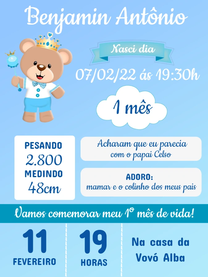 Convite Mêsversário Ursinho Príncipe para Editar Online
